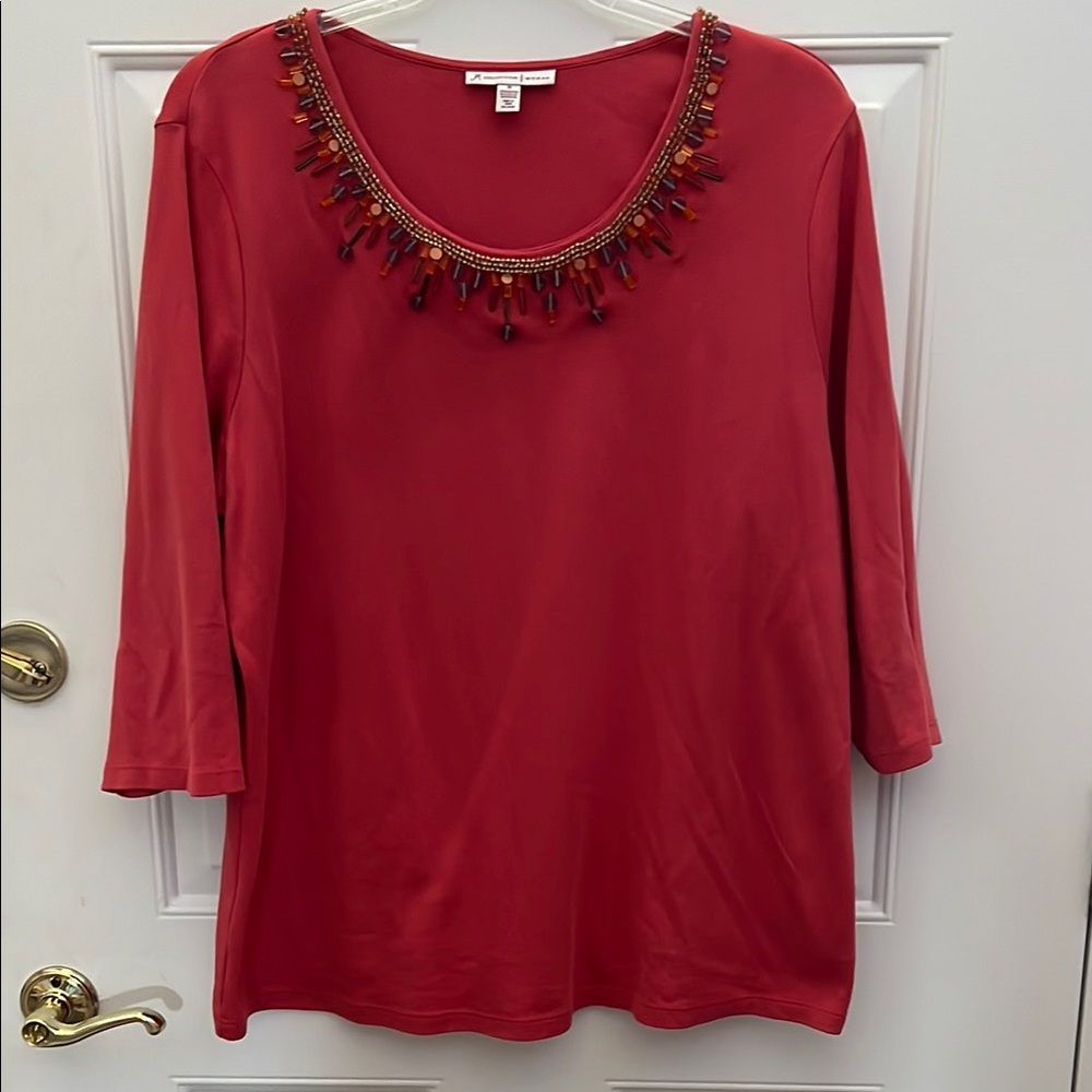 J M Collection Bead Adorned Neckline 3  Qtr Sleeve Salmon Colored Top.  Size 2X